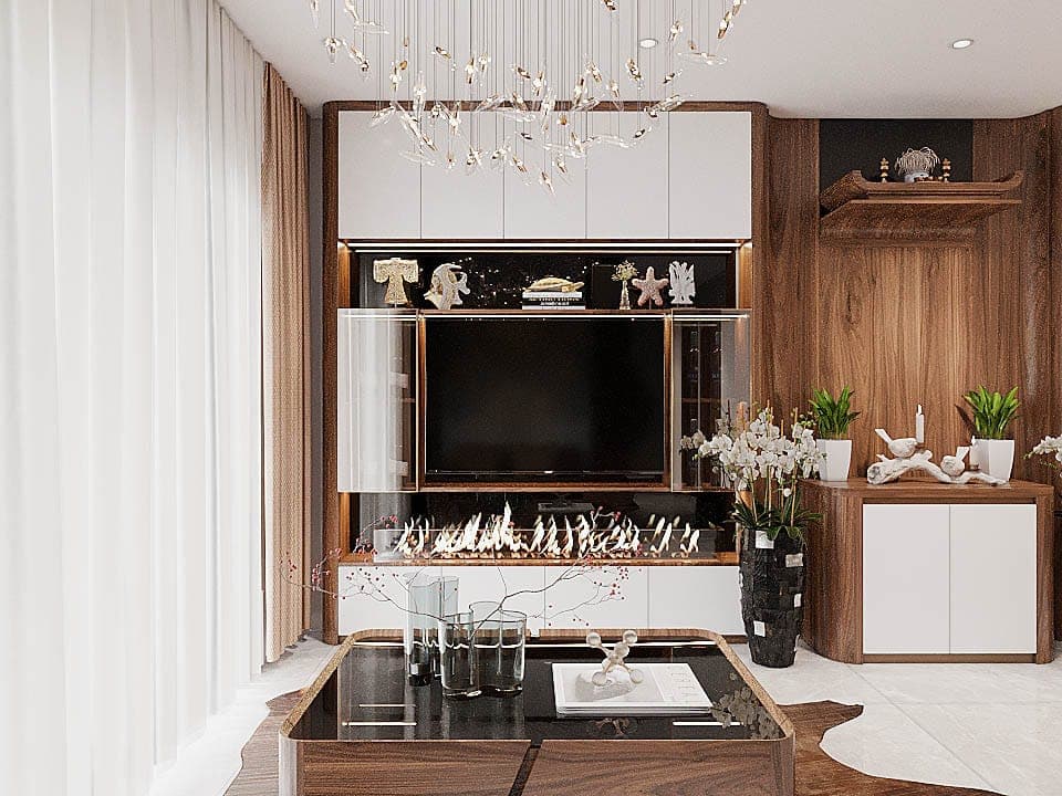 Chung Cư Hiện Đại - Căn Hộ 3 Ngủ (Gỗ Óc Chó) - Phòng Khách & Ngủ 3