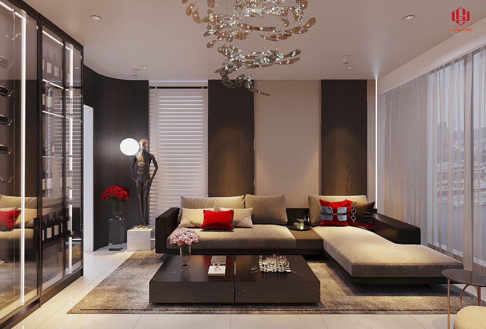Phòng khách thiết kế nội thất phong cách tối giản sang trọng do GU CONCEPT thi công